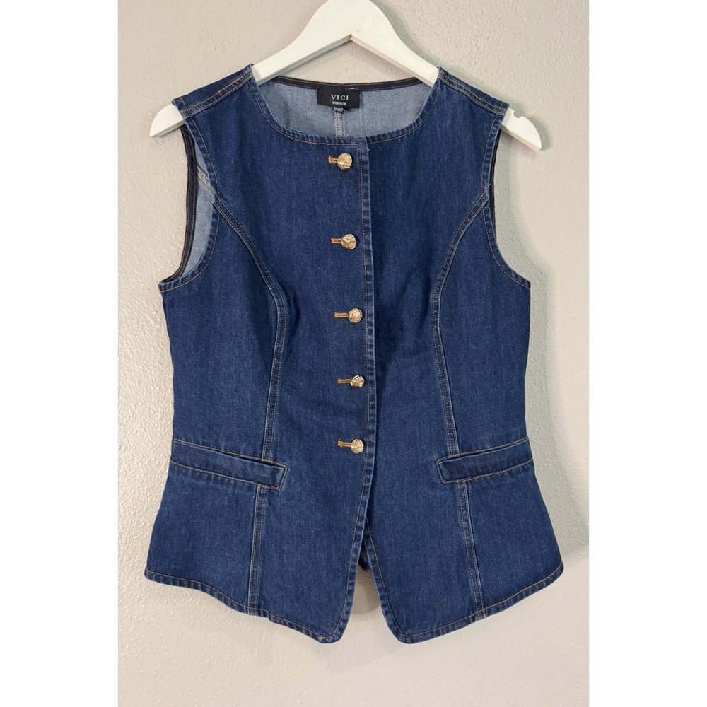 VICI Denim Vest Gold Knot Button Tailored Corset Style Split Hem NWOT Medium